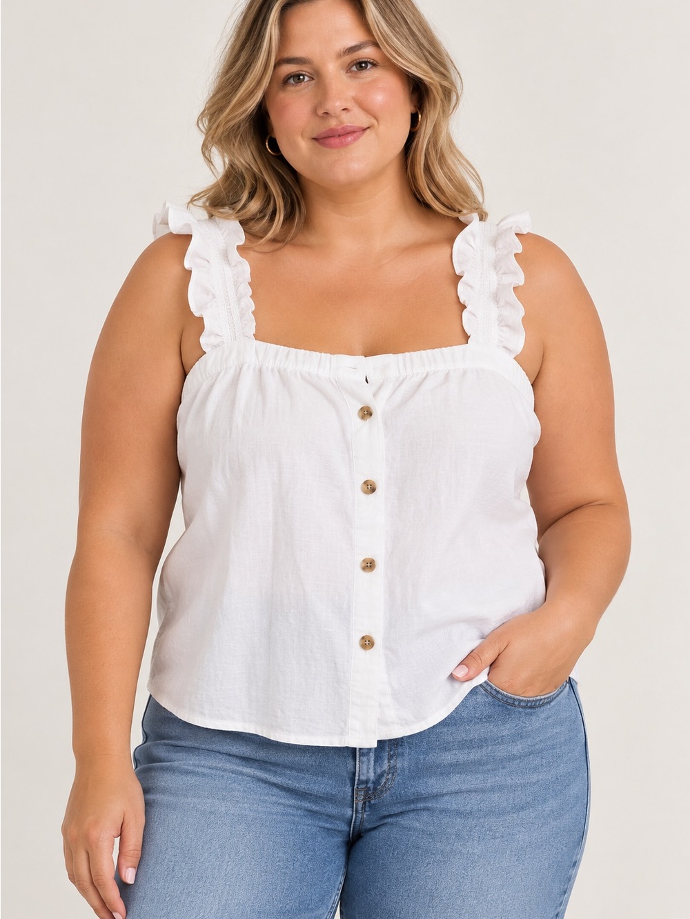 Women’s White Button-Front Ruffle Strap Top